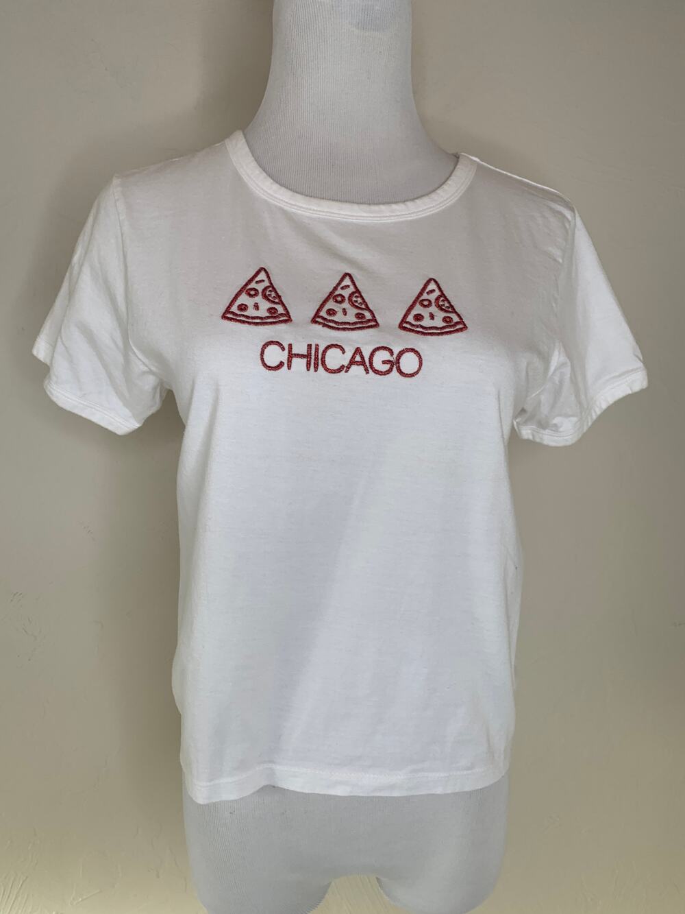 Chicago Pizza Embroidered Crop Top White Red Sz Small 100% cotton